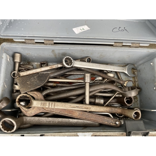 14 - A BOX CONTAINING VARIOUS SPANNERS NO VAT