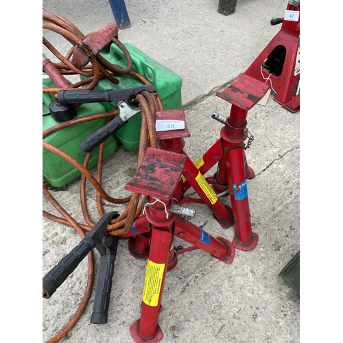 48 - 3 FOLDING 2 TONNE AXLE STANDS -JUMP LEADS -2 FUEL CANS NO VAT