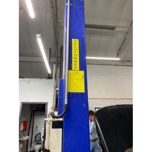 122 - A SWL 4 TONNE  BLUE TWO POST ELECTRIC/HYDRAULIC 3 PHASE APPROX 8 YEARS OLD  VEHICLE LIFT TO TO BE CO... 