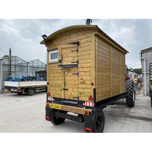 174 - A SHEPHERD'S HUT ON A MASSEY FERGUSON TIPPER TRAILER CHASSIS FULLY LINED WITH STOVE SINK TOILET SING... 