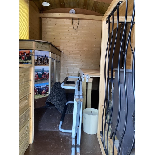 174 - A SHEPHERD'S HUT ON A MASSEY FERGUSON TIPPER TRAILER CHASSIS FULLY LINED WITH STOVE SINK TOILET SING... 