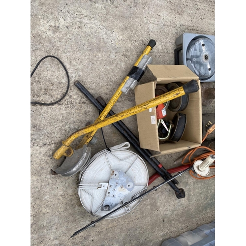 77 - MISC TOOLS TO INCLUDE ELECTRIC HEDGE CUTTER -RUBBER MAUL -PICK AXE-PIPE BENDER ETC  NO  VAT