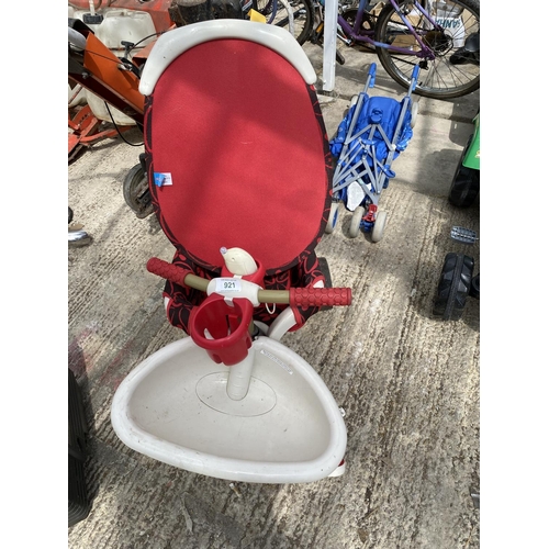 921 - BLUE MOTHERCARE FOLDING TRAVEL BUGGY
RED SMART TRIKE CHILDS SIT IN BUGGY TRIKE WITH SUN VISOR - NO V... 