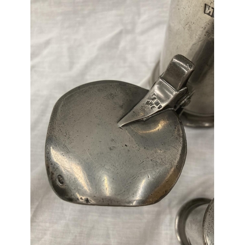 10 - A SET OF FIVE PEWTER GRADUATING MEASURING LIDDED JUGS MEASURING FROM LITRE TO DEMI-DECILITRE WITH TO... 