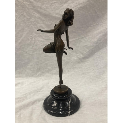 21 - A BRONZE LADY DANCER ON A MARBLE BASE SIGNED PASCAL DELOR HEIGHT APPROX 29CM