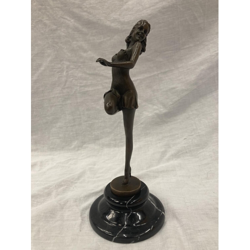 21 - A BRONZE LADY DANCER ON A MARBLE BASE SIGNED PASCAL DELOR HEIGHT APPROX 29CM