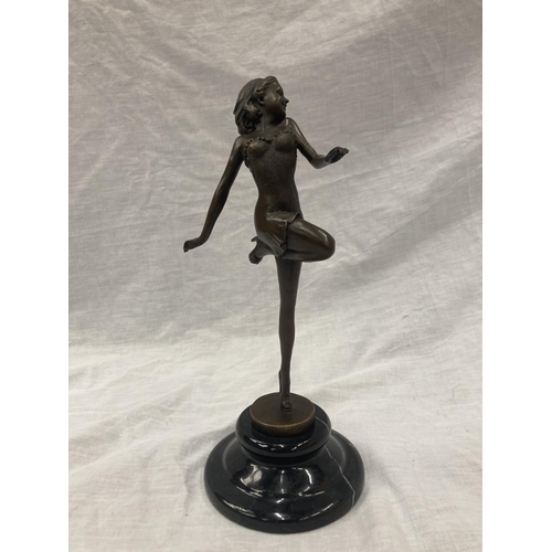 21 - A BRONZE LADY DANCER ON A MARBLE BASE SIGNED PASCAL DELOR HEIGHT APPROX 29CM