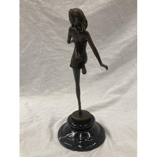 21 - A BRONZE LADY DANCER ON A MARBLE BASE SIGNED PASCAL DELOR HEIGHT APPROX 29CM
