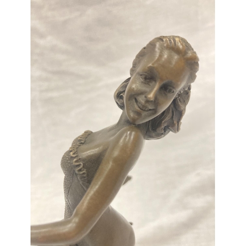 21 - A BRONZE LADY DANCER ON A MARBLE BASE SIGNED PASCAL DELOR HEIGHT APPROX 29CM