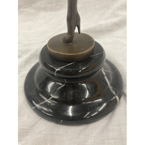 21 - A BRONZE LADY DANCER ON A MARBLE BASE SIGNED PASCAL DELOR HEIGHT APPROX 29CM