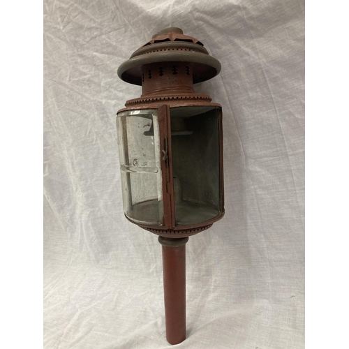 34 - A VINTAGE COACHING LAMP WITH BEVELLED GLASS - MISSING ONE GLASS PANEL HEIGHT APPROX 52CM