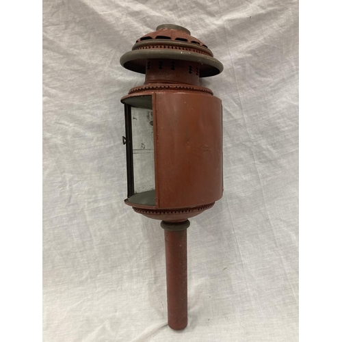 34 - A VINTAGE COACHING LAMP WITH BEVELLED GLASS - MISSING ONE GLASS PANEL HEIGHT APPROX 52CM