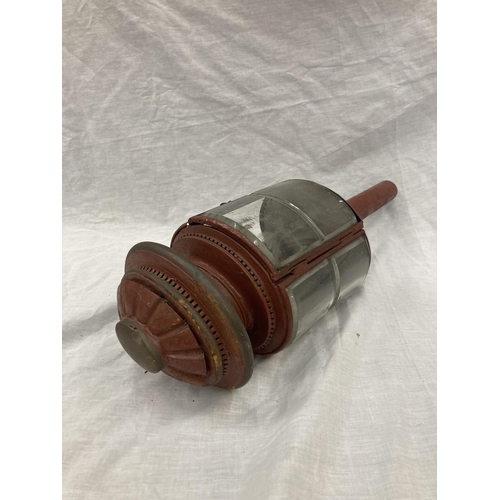34 - A VINTAGE COACHING LAMP WITH BEVELLED GLASS - MISSING ONE GLASS PANEL HEIGHT APPROX 52CM