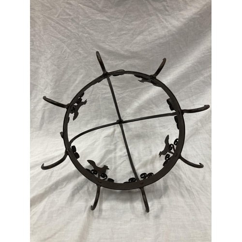 5 - A WROUGHT IRON HANGING UTENSIL HOLDER DECORATED WITH SCROLLS AND HENS HEIGHT 37CM, DIAMETER 30CM