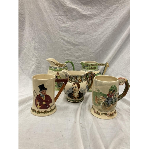 25 - FIVE CROWN DEVON FIELDINGS JUGS AND MUGS, FOUR MUSICAL, TO INCLUDE WIDDECOMBE FAIR, ON ILKLA MOOR BA... 