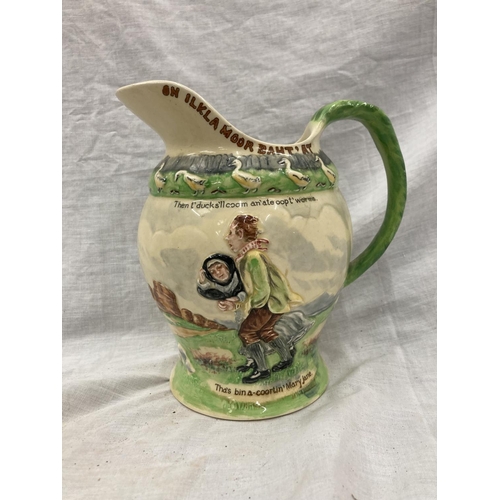 25 - FIVE CROWN DEVON FIELDINGS JUGS AND MUGS, FOUR MUSICAL, TO INCLUDE WIDDECOMBE FAIR, ON ILKLA MOOR BA... 