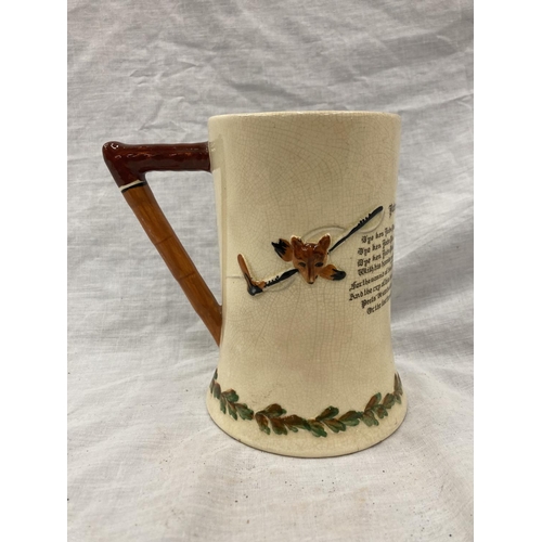 25 - FIVE CROWN DEVON FIELDINGS JUGS AND MUGS, FOUR MUSICAL, TO INCLUDE WIDDECOMBE FAIR, ON ILKLA MOOR BA... 