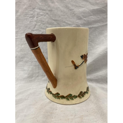 25 - FIVE CROWN DEVON FIELDINGS JUGS AND MUGS, FOUR MUSICAL, TO INCLUDE WIDDECOMBE FAIR, ON ILKLA MOOR BA... 