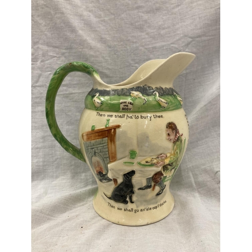 25 - FIVE CROWN DEVON FIELDINGS JUGS AND MUGS, FOUR MUSICAL, TO INCLUDE WIDDECOMBE FAIR, ON ILKLA MOOR BA... 