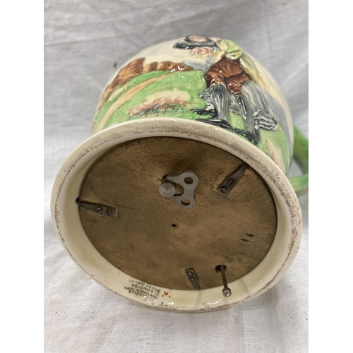 25 - FIVE CROWN DEVON FIELDINGS JUGS AND MUGS, FOUR MUSICAL, TO INCLUDE WIDDECOMBE FAIR, ON ILKLA MOOR BA... 