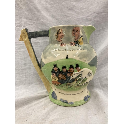 25 - FIVE CROWN DEVON FIELDINGS JUGS AND MUGS, FOUR MUSICAL, TO INCLUDE WIDDECOMBE FAIR, ON ILKLA MOOR BA... 