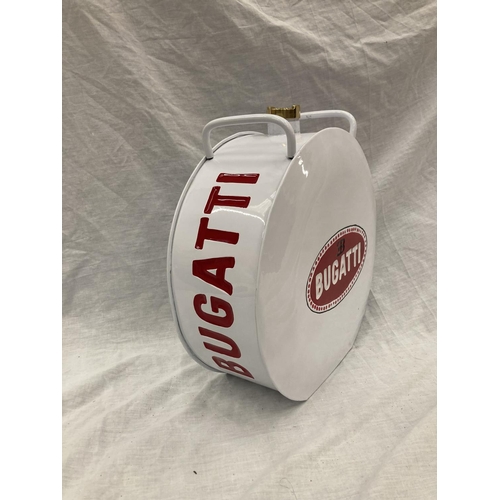 43 - A WHITE BUGATTI PETROL CAN - HEIGHT 37CM