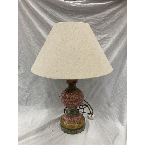 46 - A PAIR OF WOODEN TABLE LAMPS PAINTED BLACK AND GOLD AND RED AND GOLD - HEIGHT 47CM