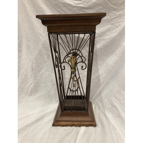 47 - A VINTAGE STYLE WOOD AND WROUGHT IRON UMBRELLA STAND