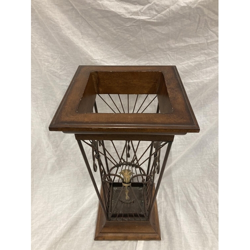 47 - A VINTAGE STYLE WOOD AND WROUGHT IRON UMBRELLA STAND