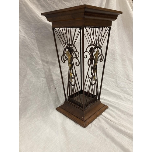 47 - A VINTAGE STYLE WOOD AND WROUGHT IRON UMBRELLA STAND