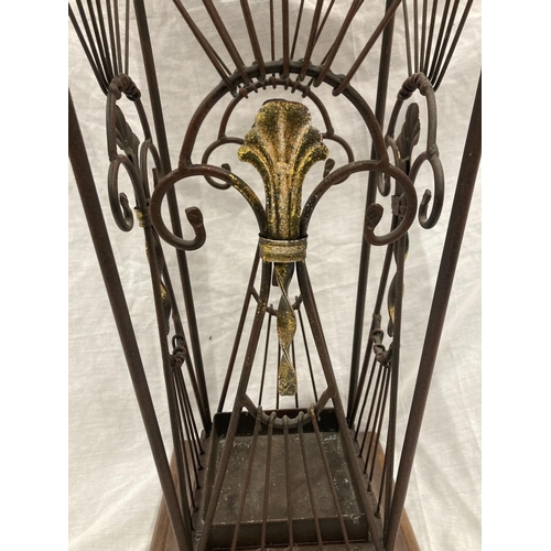 47 - A VINTAGE STYLE WOOD AND WROUGHT IRON UMBRELLA STAND