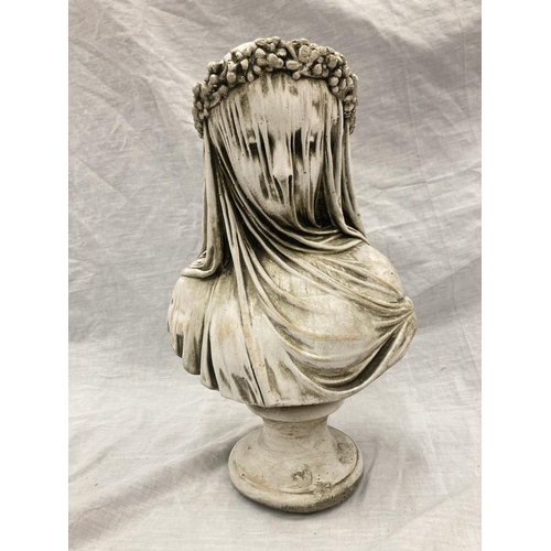 48 - A CONCRETE SCULPTURAL BUST OF THE VEILED MAIDEN - HEIGHT 37CM