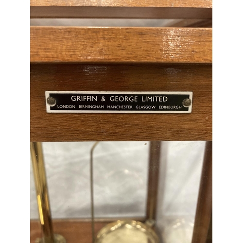 49 - A GRIFFIN AND GEORGE LTD SET OF MICROID SCIENTIFIC SCALES IN A MAHOGANY CASE WITH GLASS PANELS - HEI... 