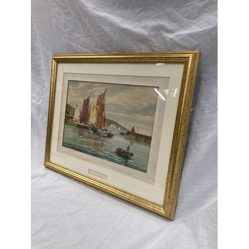 50 - A 1952 FRAMED WATERCOLOUR SIGNED A. D. BELL ENTITLED 'DRYING SAILS' - 54CM X 45CM