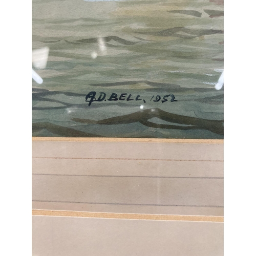 50 - A 1952 FRAMED WATERCOLOUR SIGNED A. D. BELL ENTITLED 'DRYING SAILS' - 54CM X 45CM