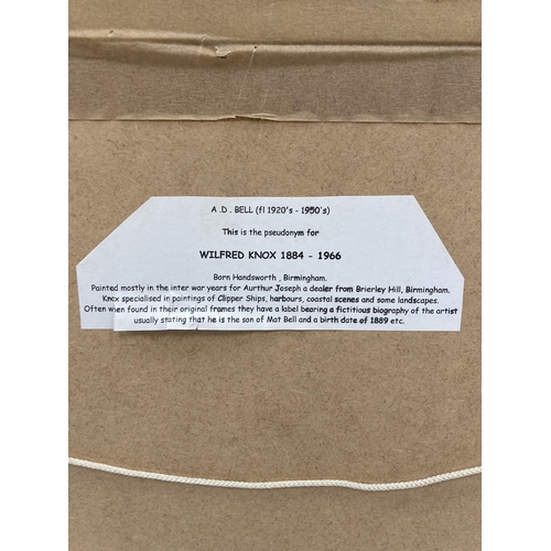 50 - A 1952 FRAMED WATERCOLOUR SIGNED A. D. BELL ENTITLED 'DRYING SAILS' - 54CM X 45CM