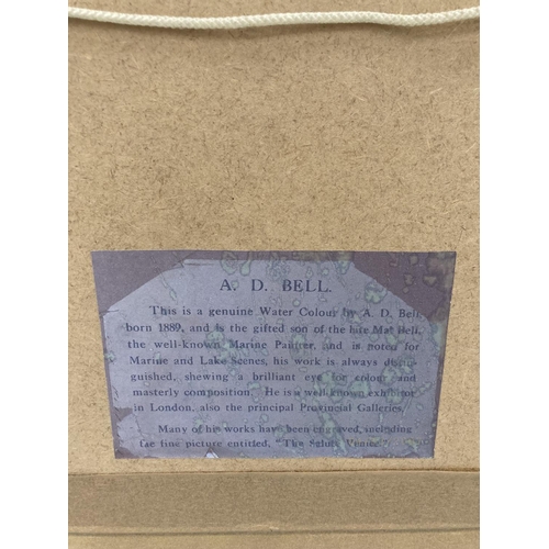 50 - A 1952 FRAMED WATERCOLOUR SIGNED A. D. BELL ENTITLED 'DRYING SAILS' - 54CM X 45CM