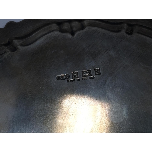 1 - A HALLMARKED BIRMINGHAM SILVER TRAY WITH PIE CRUST EDGE AND THREE BALL AND CLAW FEET GROSS WEIGHT 33... 