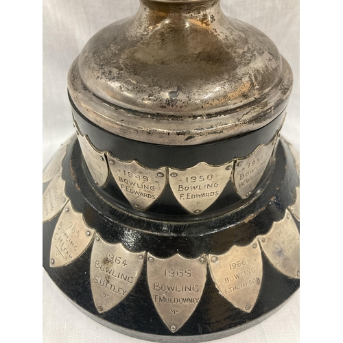 12 - A HALLMARKED SHEFFIELD SILVER TROPHY WITH SHIELDS HEIGHT 32CM TO TOP OF THE HANDLE GROSS WEIGHT 1436... 