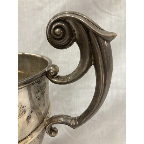 12 - A HALLMARKED SHEFFIELD SILVER TROPHY WITH SHIELDS HEIGHT 32CM TO TOP OF THE HANDLE GROSS WEIGHT 1436... 