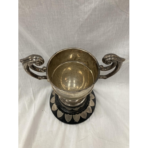 12 - A HALLMARKED SHEFFIELD SILVER TROPHY WITH SHIELDS HEIGHT 32CM TO TOP OF THE HANDLE GROSS WEIGHT 1436... 