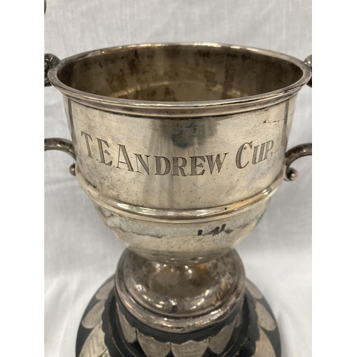 12 - A HALLMARKED SHEFFIELD SILVER TROPHY WITH SHIELDS HEIGHT 32CM TO TOP OF THE HANDLE GROSS WEIGHT 1436... 