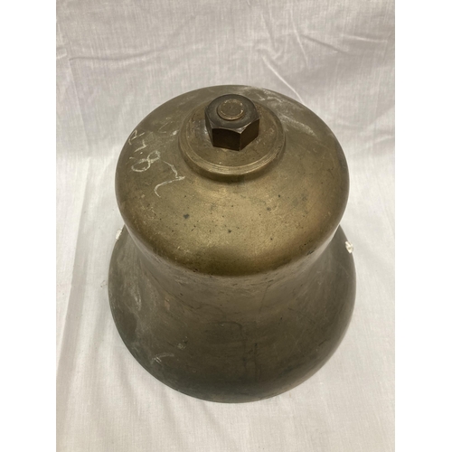 13 - A LARGE HEAVY BRASS BELL HEIGHT 30CM DIAMETER 30CM