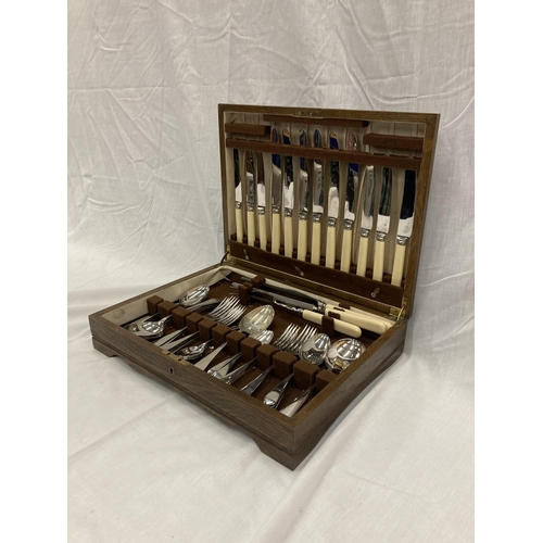 16 - AN OAK CASED FORTY SEVEN PIECE CANTEEN OF CUTLERY WITH BONE HANDLED KNIVES