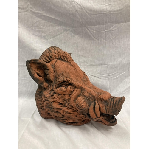 3 - A TERRACOTTA WALL MOUNTED BUST OF A WILD BOAR LENGTH 31 CM HEIGHT 30 CM