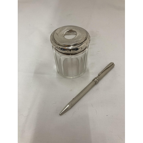 34 - A HALLMARKED BIRMINGHAM SILVER LIDDED GLASS POT AND A MARKED 925 SILVER AURORA PEN