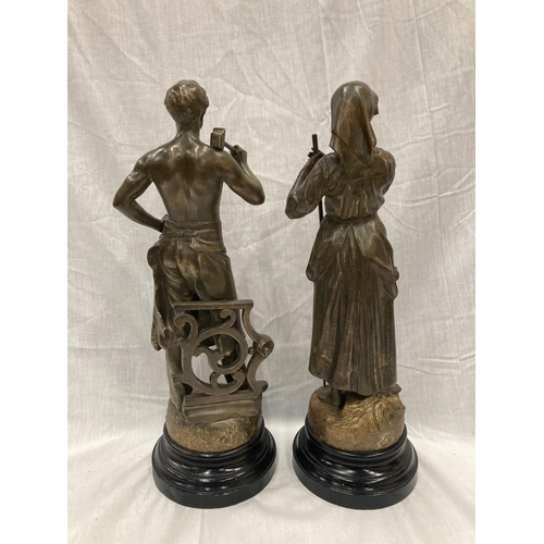 39 - TWO SPELTER FIGURES THE BLACKSMITH AND THE HAYMAKER SIGNED C B PERRON PARIS WITH COIN REAR STAMP FOR... 