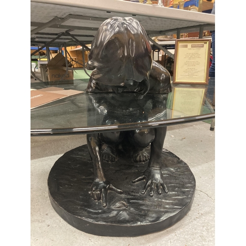 1 - A LIMITED EDITION SIGNED BRONZE SCULPTURE COFFEE TABLE 'SHE'LL FIND' BY MARK STODDART. THIS ORIGINAL... 