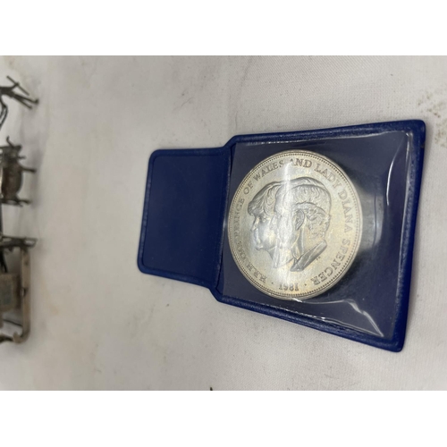 175 - A PAIR OF WHITE METAL LORGNETTES, COMMEMORATIVE COIN AND A WHITE METAL  CARRIAGE BEING PULLED BY BUF... 