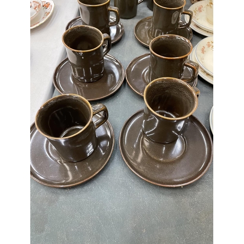 182 - A MID CENTURY DENBY STYLE COFFEE SET TO INCLUDE COFFEE POT, SUGAR BOWL, CREAM JUG, CUPS AND SAUCERS